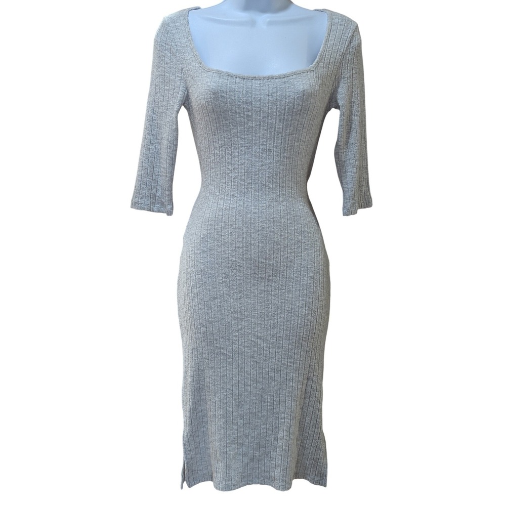Glo Fashion London Ribbed Knit Midi Dress Gray Tie Back 1/2 Sleeve Bodycon Small